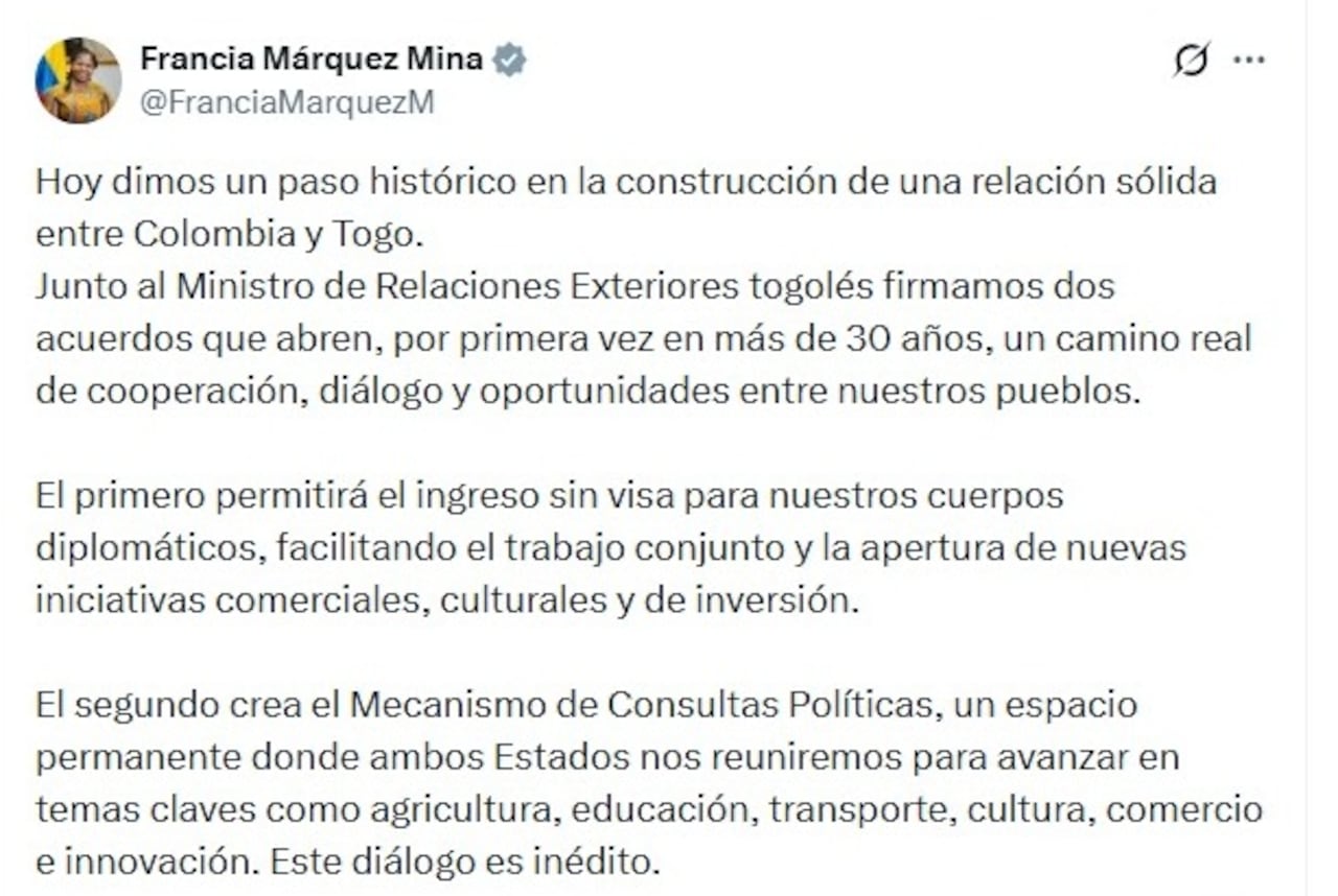 Vicepresidenta Francia Márquez celebra acuerdo con Togo.