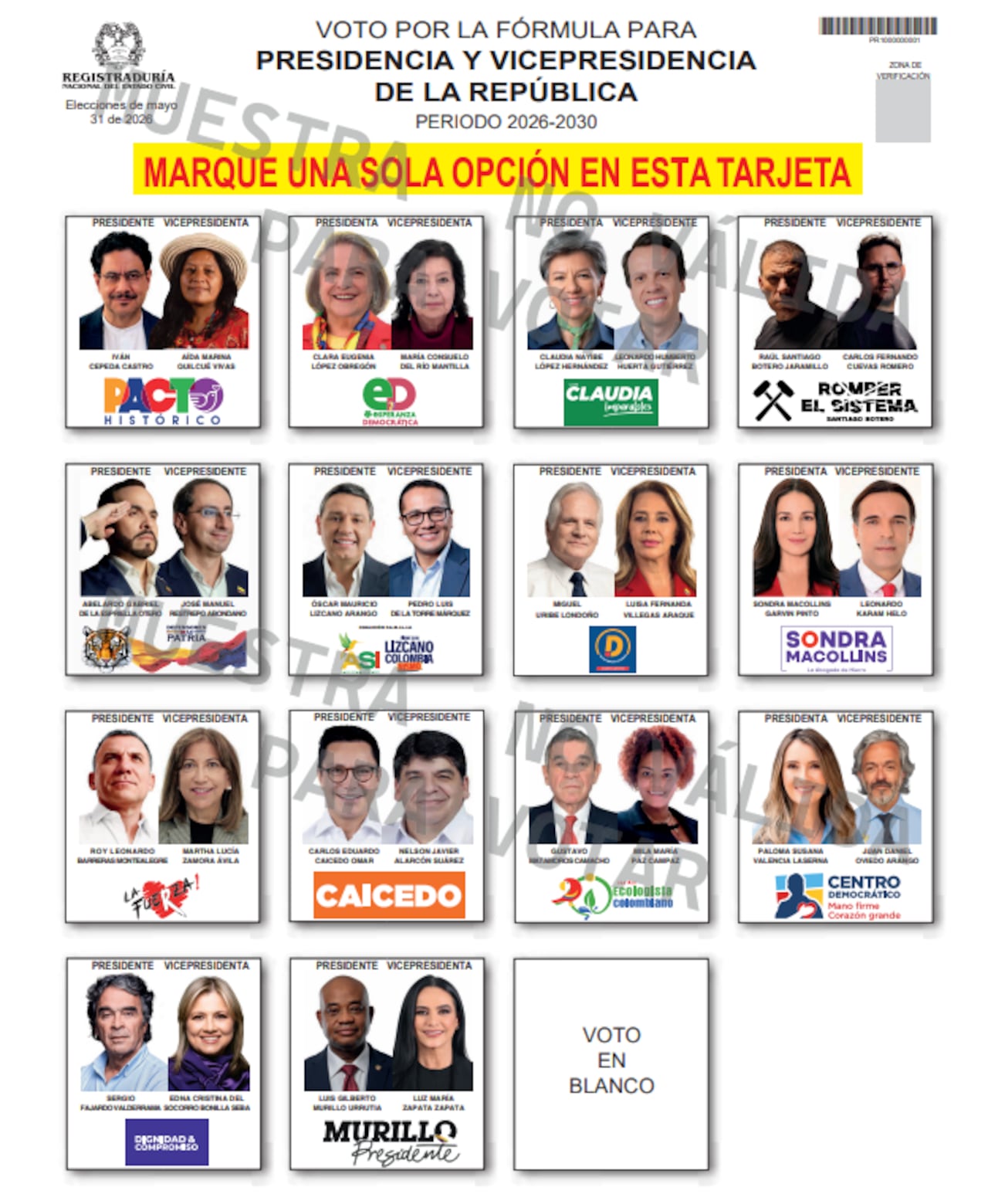 Este es el tarjetón para las presidenciales del próximo 31 de mayo.