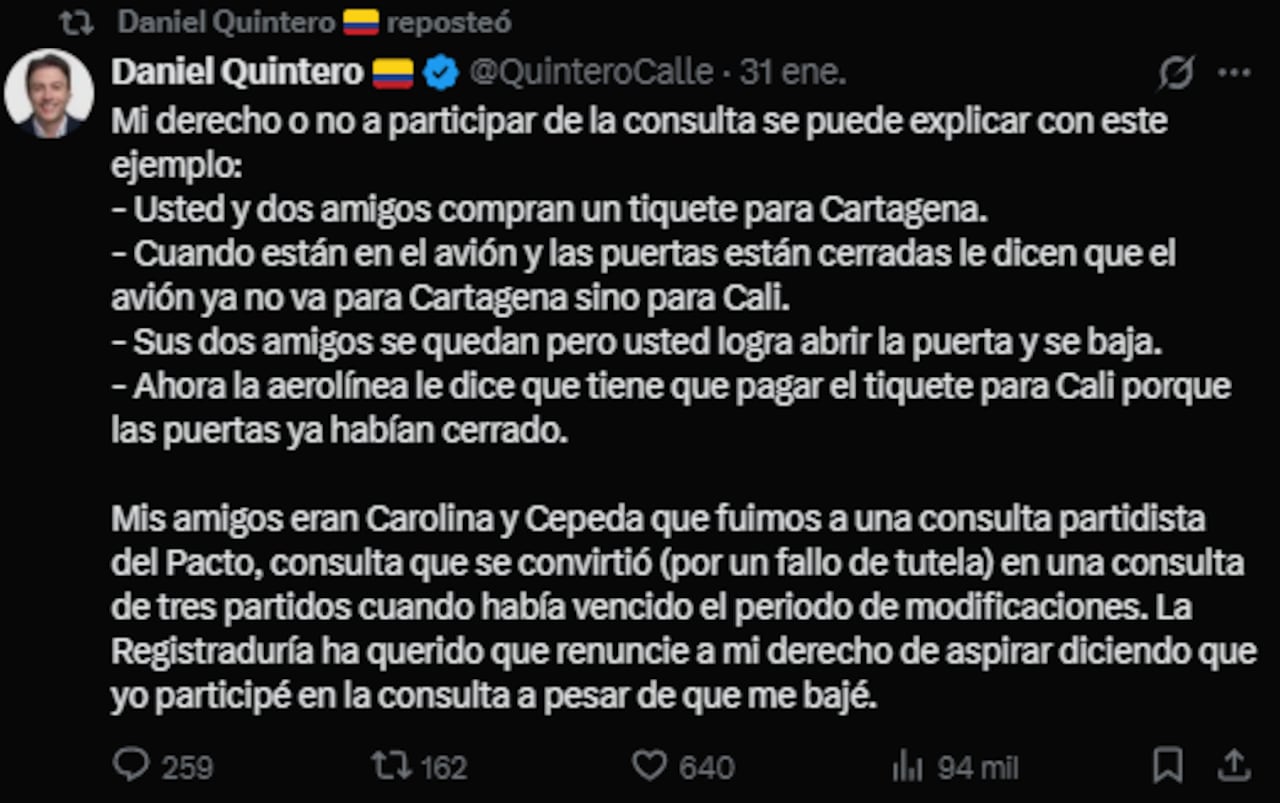 Otro de los inscritos es Daniel Quintero, exalcalde de Medellín, quien también formalizó su participación en las últimas horas.