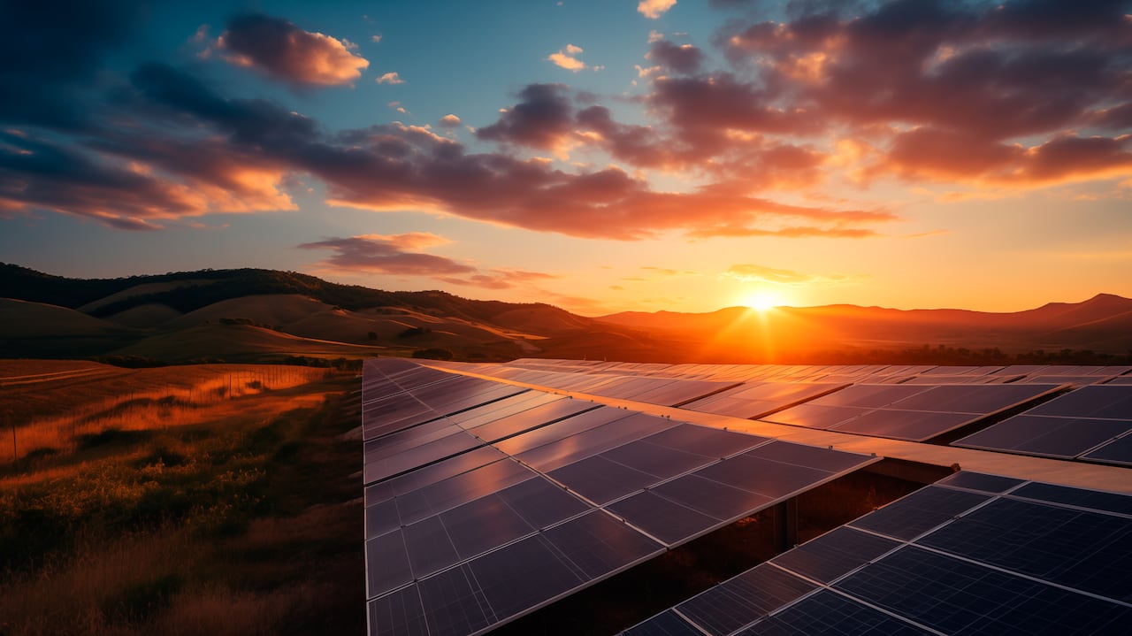 Solar cell farm power plant eco technology.landscape of Solar cell panels in a photovoltaic power plant.concept of sustainable resources.