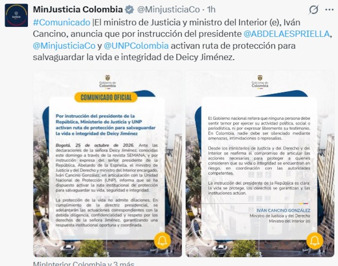 Ministerio de Justicia activa ruta de protección para salvaguardar la vida e integridad de Deicy Jiménez.