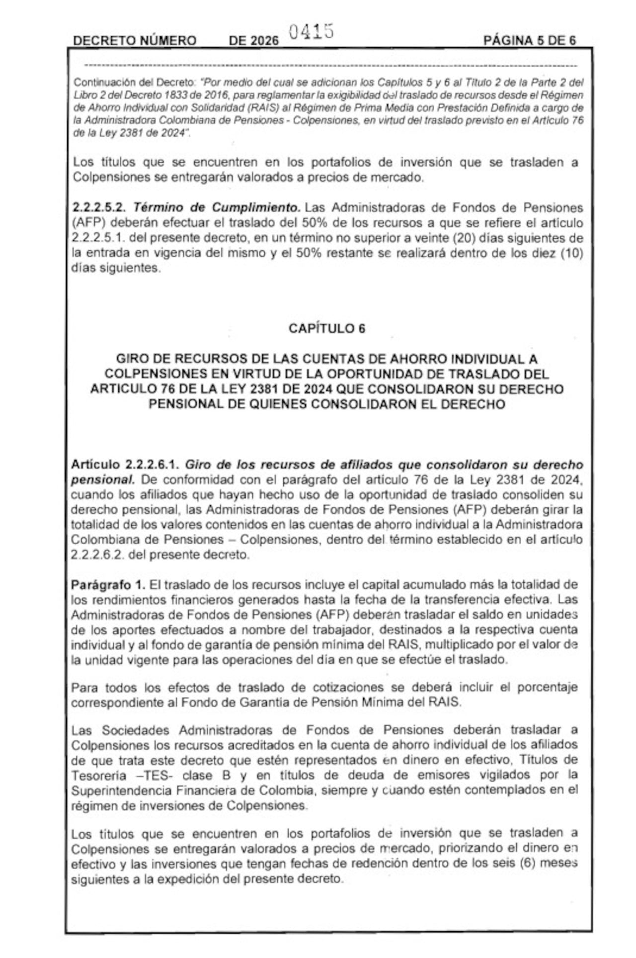 Decreto que le exige a los fondos de pensiones privados el traslado de los 25 billones de pesos a Colpensiones.