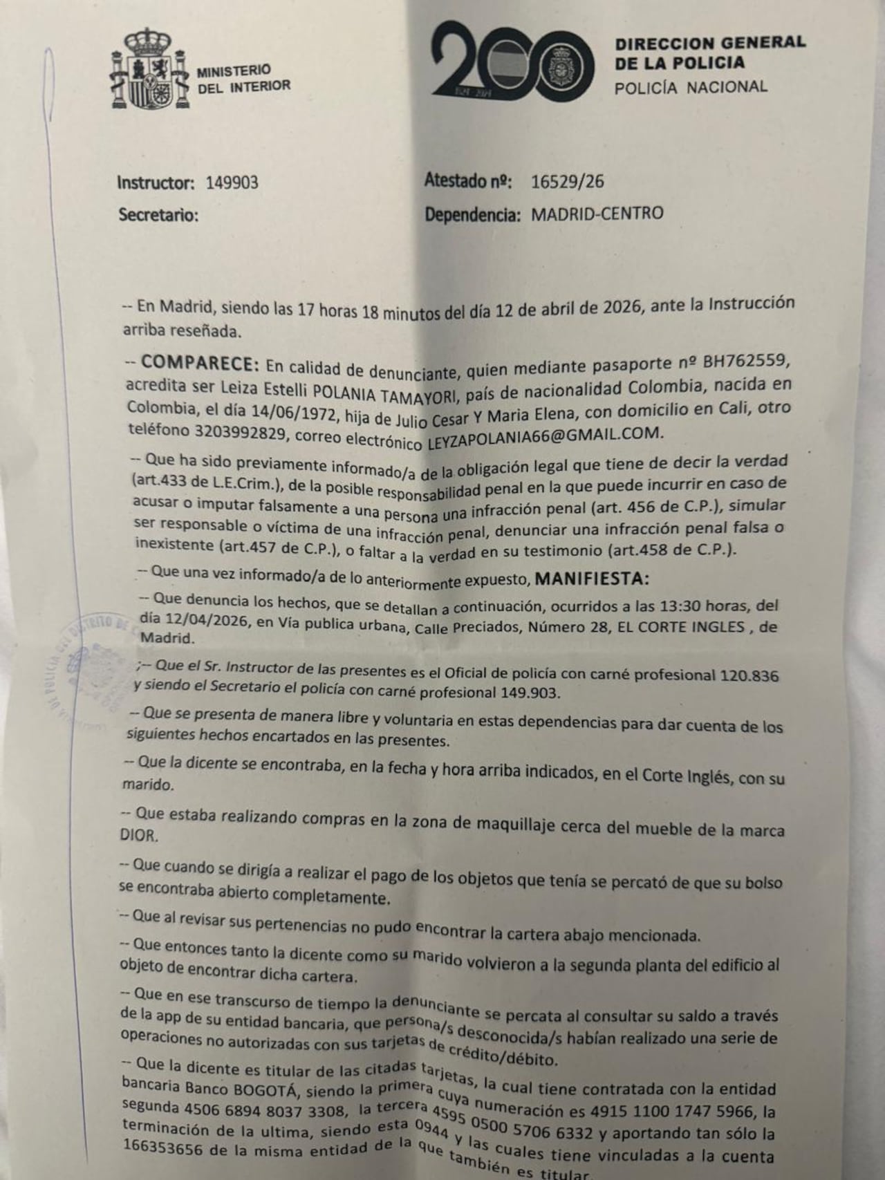 Denuncia presentada, en el ministerio de interior de Madrid.