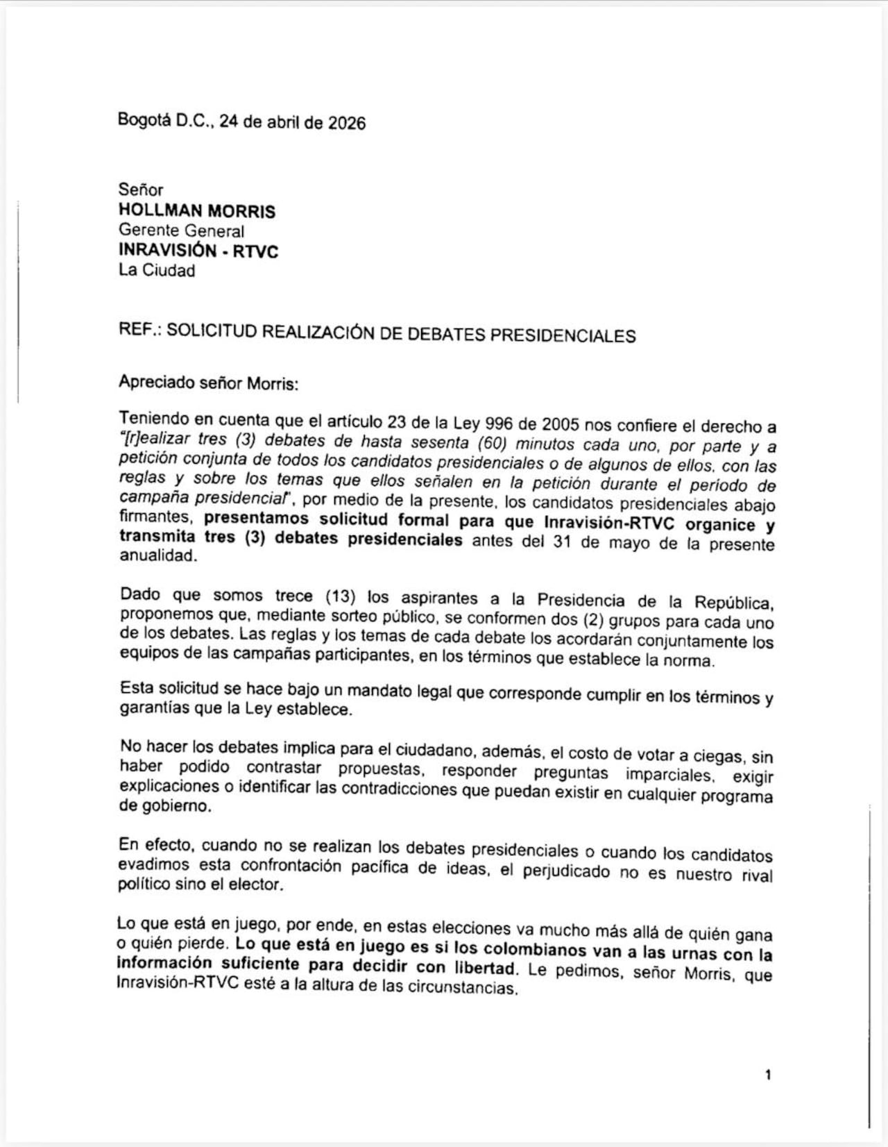 Candidatos presidenciales solicitan tres debates televisados en medios públicos.