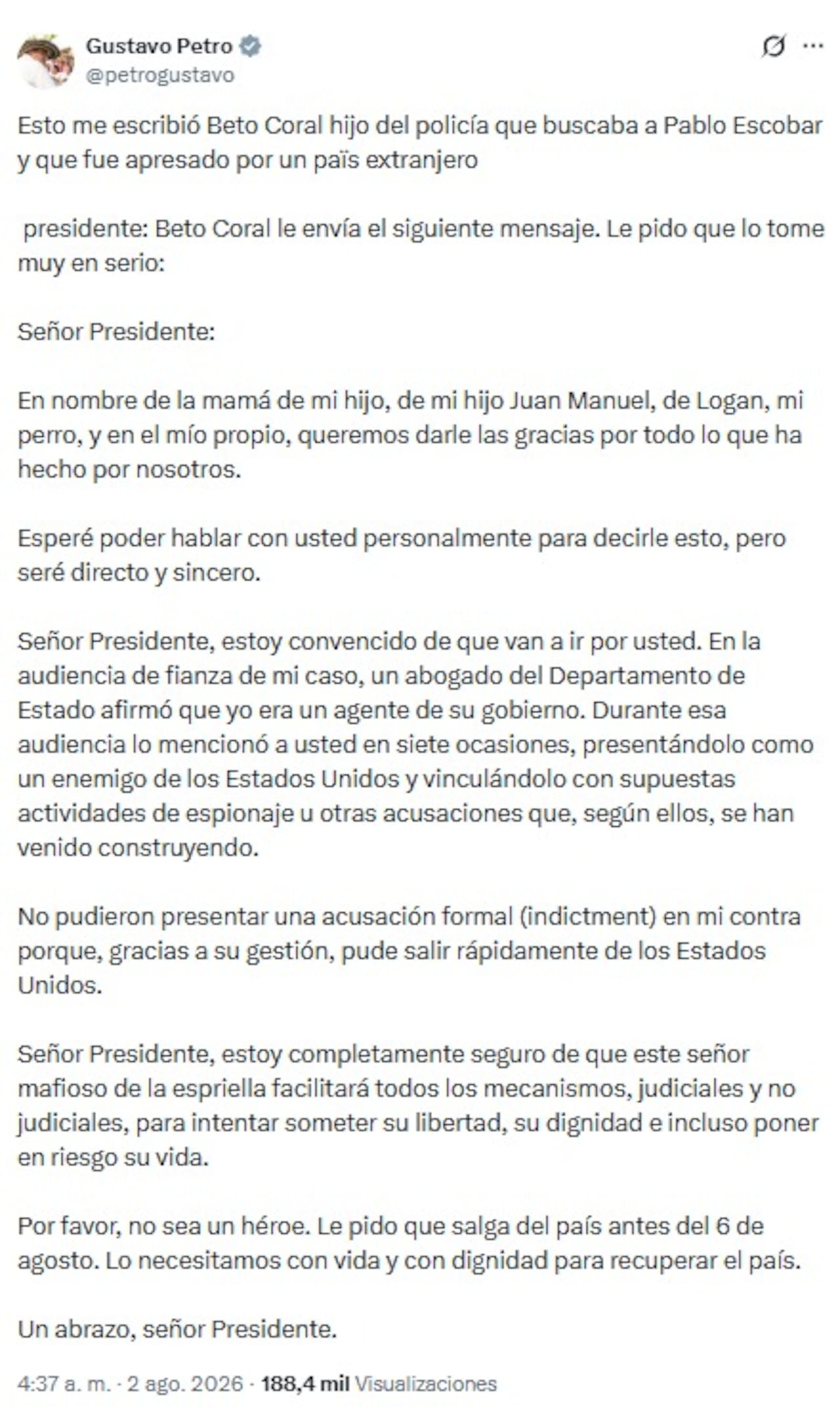 Petro revela fuerte advertencia de Beto Coral