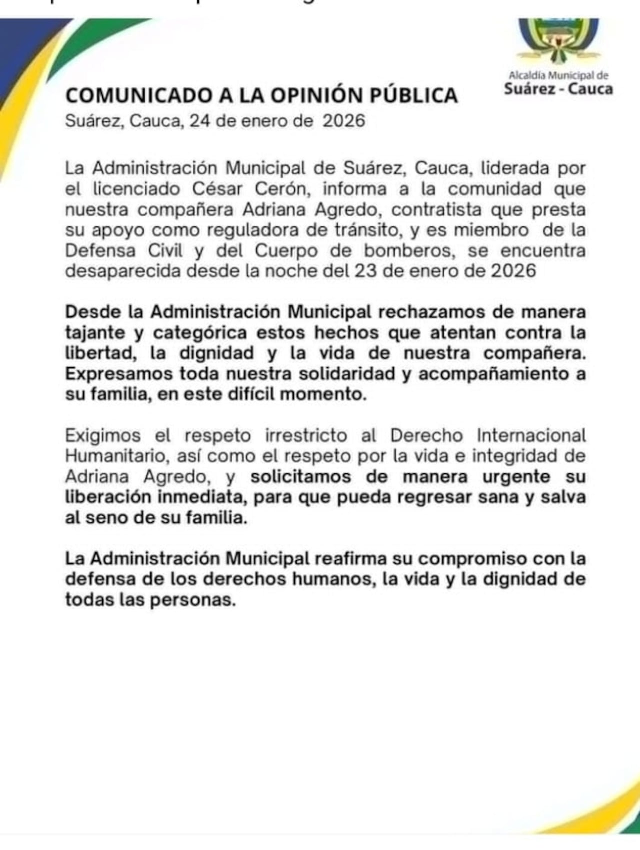 Comunicado de la Alcaldía de Suárez - Cauca.