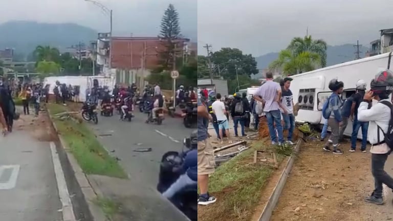 Un bus de turismo se volcó en la avenida Barranquilla, en el centro de Medellín, durante la mañana de este sábado.