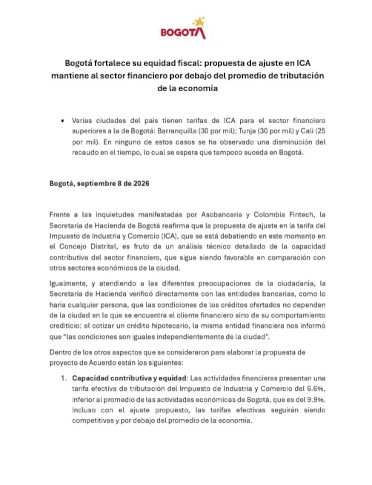 Hacienda de Bogotá asegura que el cambio en el ICA no afectaría las condiciones de los créditos