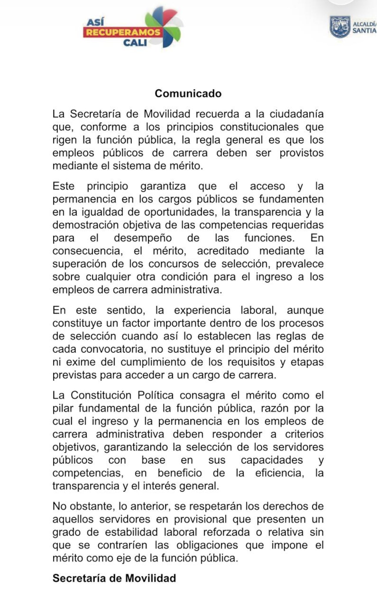 Movilidad de Cali se pronuncia sobre denuncia de agentes y afirma que respetará garantías laborales