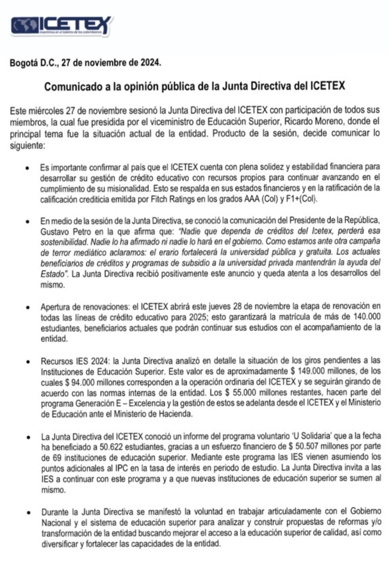 ICETEX abre renovaciones de créditos para 2025: más de 140.000 estudiantes podrán continuar sus estudios