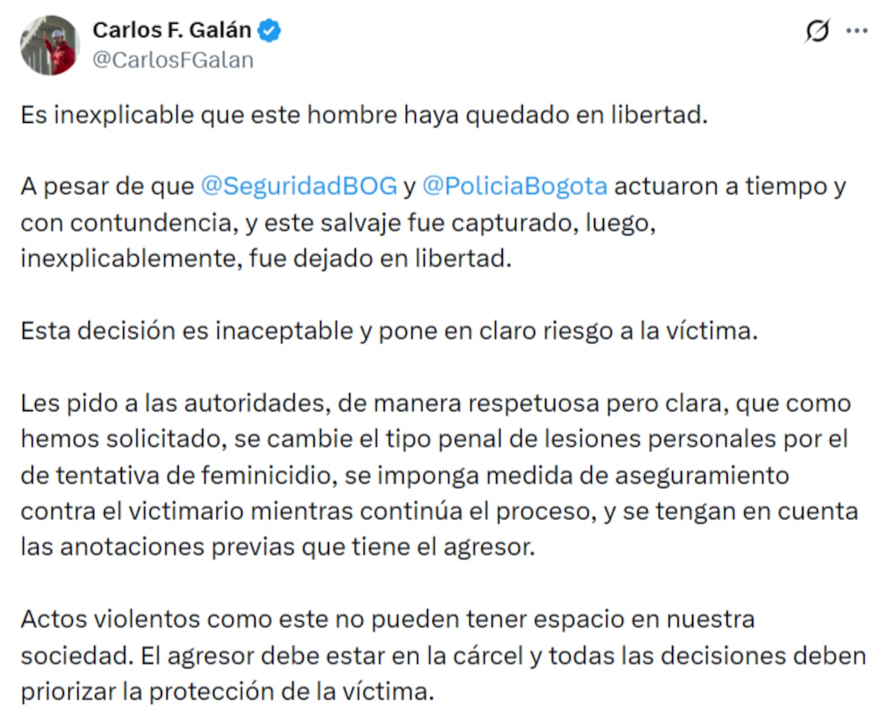 El alcalde de Bogotá, Carlos Fernando Galán, solicitó que se cambie el tipo penal a intento de feminicidio.