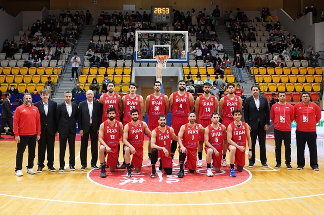 HONG KONG, CHINA - FEBRUARY 26: Players of Iran line up for a team photo prior to the FIBA World Cup Qualification match between China National Basketball Team and Iran National Basketball Team at Tsuen Wan Sports Centre on February 26, 2023 in Hong Kong, China. (Photo by VCG/VCG via Getty Images)
