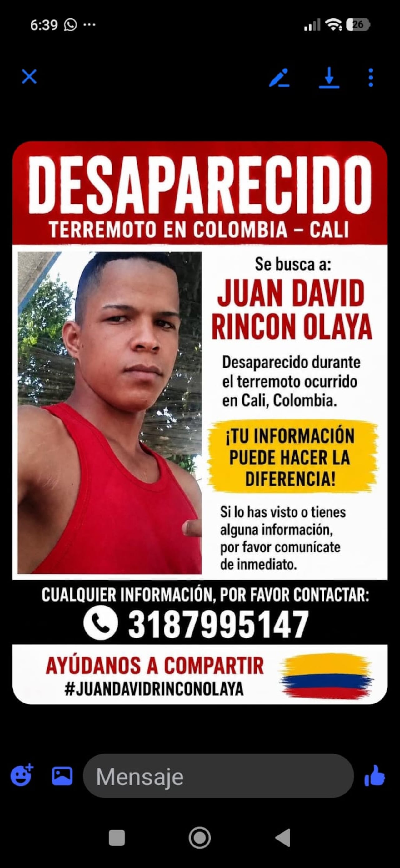 Habitantes de Palmira buscan a Juan David Rincón, quien se encuentra desaparecido en Cali tras el terremoto.