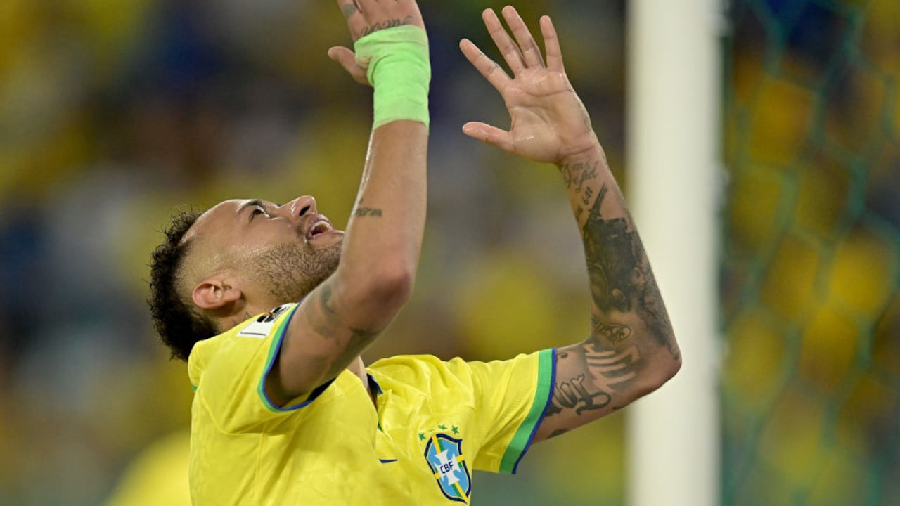 CUIABA, BRAZIL - OCTOBER 12: Neymar Jr. of Brazil reacts during a FIFA World Cup 2026 Qualifier match between Brazil and Venezuela at Arena Pantanal on October 12, 2023 in Cuiaba, Brazil. (Photo by Pedro Vilela/Getty Images)