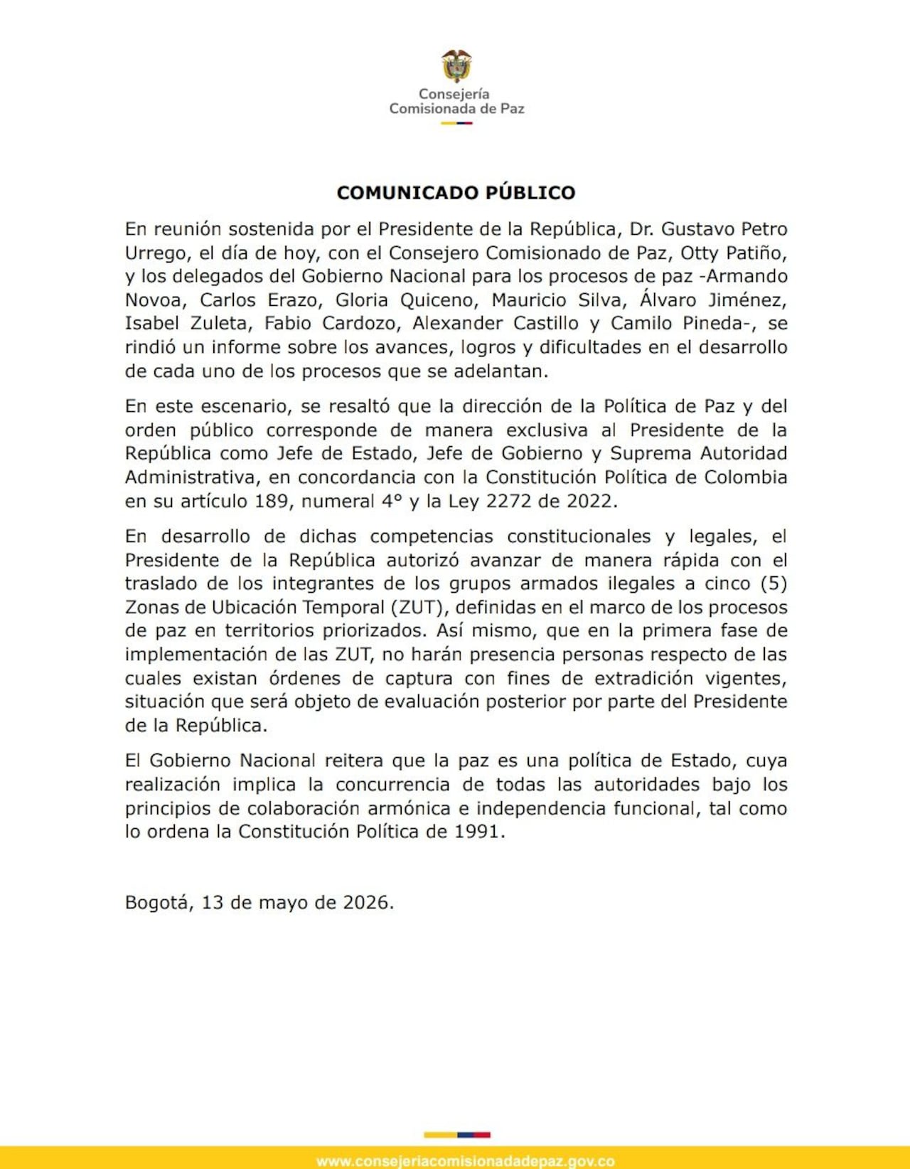 Comisionado de Paz informó que no habrá extraditables en primera fase de las ZUT