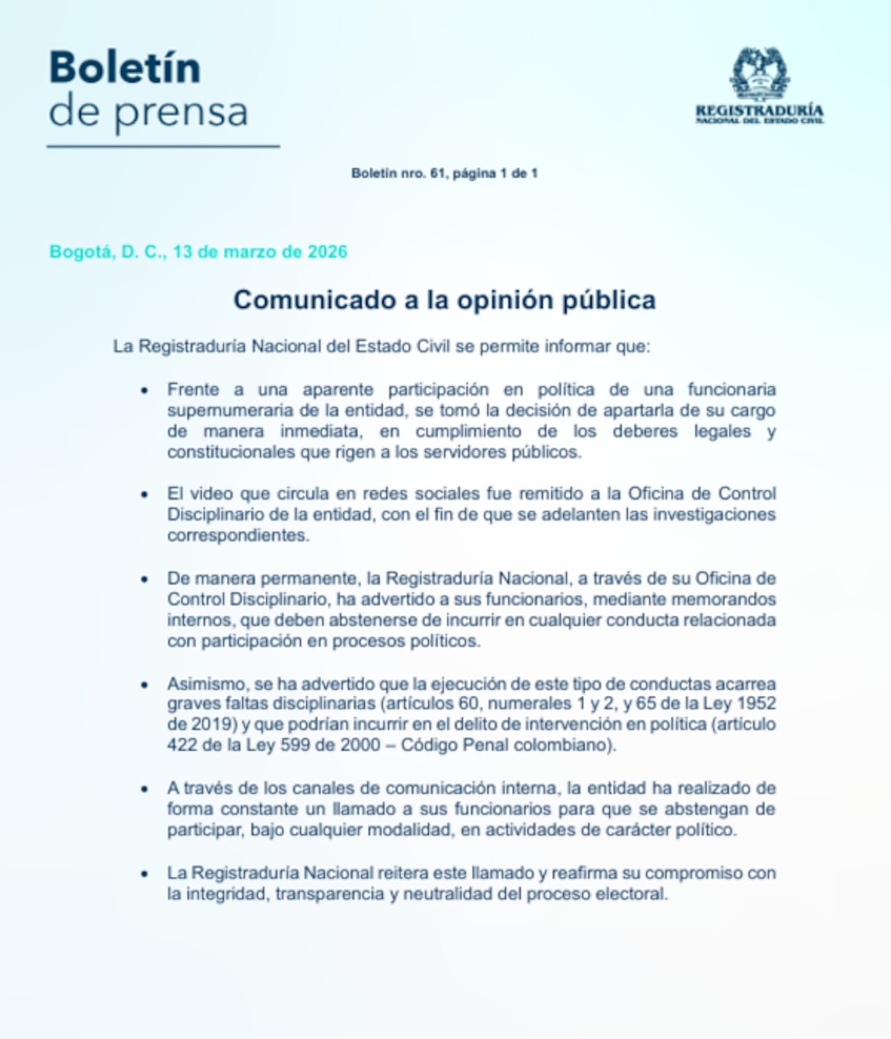 Comunicado de la Registraduría.