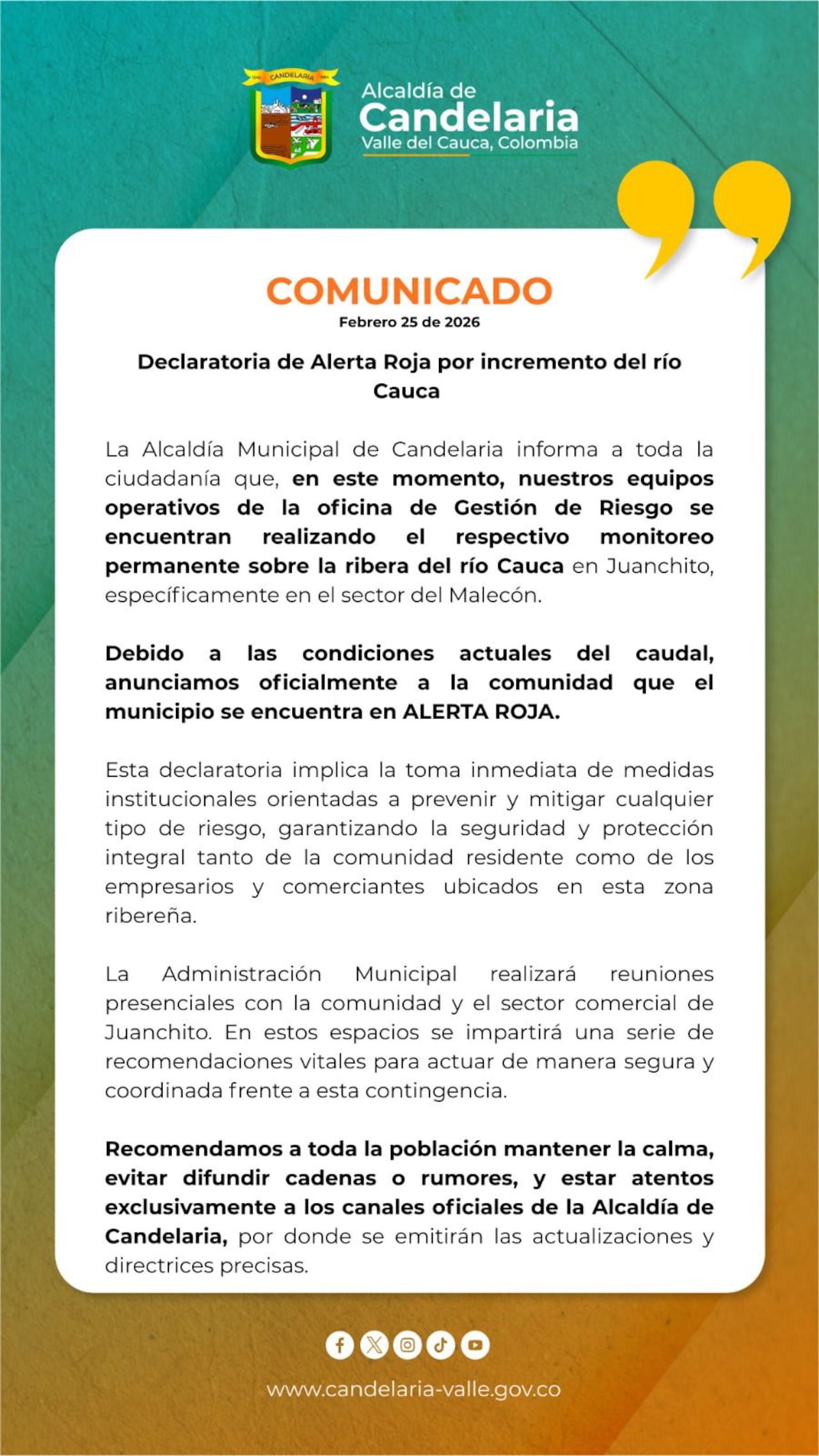 Candelaria declaró la alerta roja por el aumento del nivel del río Cauca.