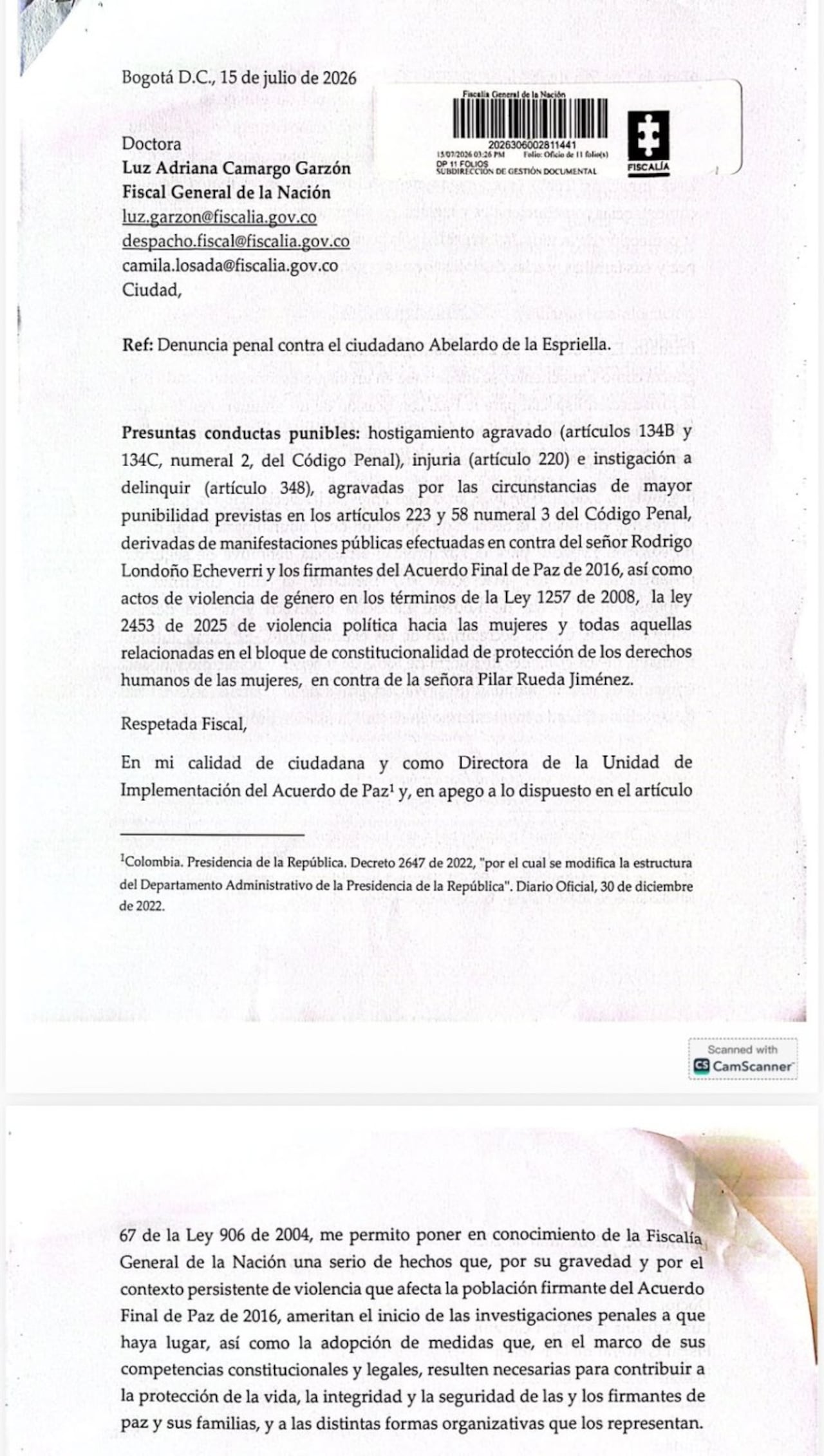 La directora de la Unidad de Implementación del Acuerdo Final de Paz, Gloria Cuartas, presentó una denuncia penal ante la Fiscalía contra Abelardo De La Espriella,