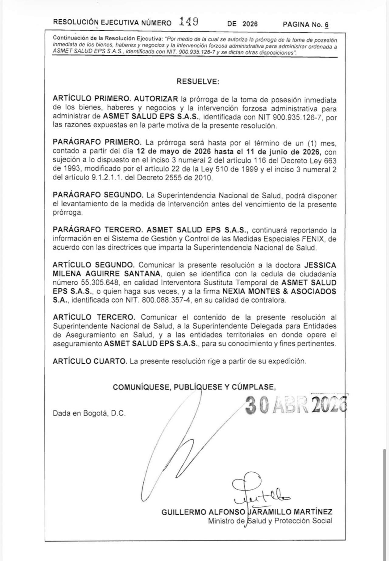 Esta es la resolución emitida por el Ministerio de Salud.