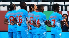 RD Congo celebrando el gol de la victoria contra Benín en la Copa Africana de Naciones.