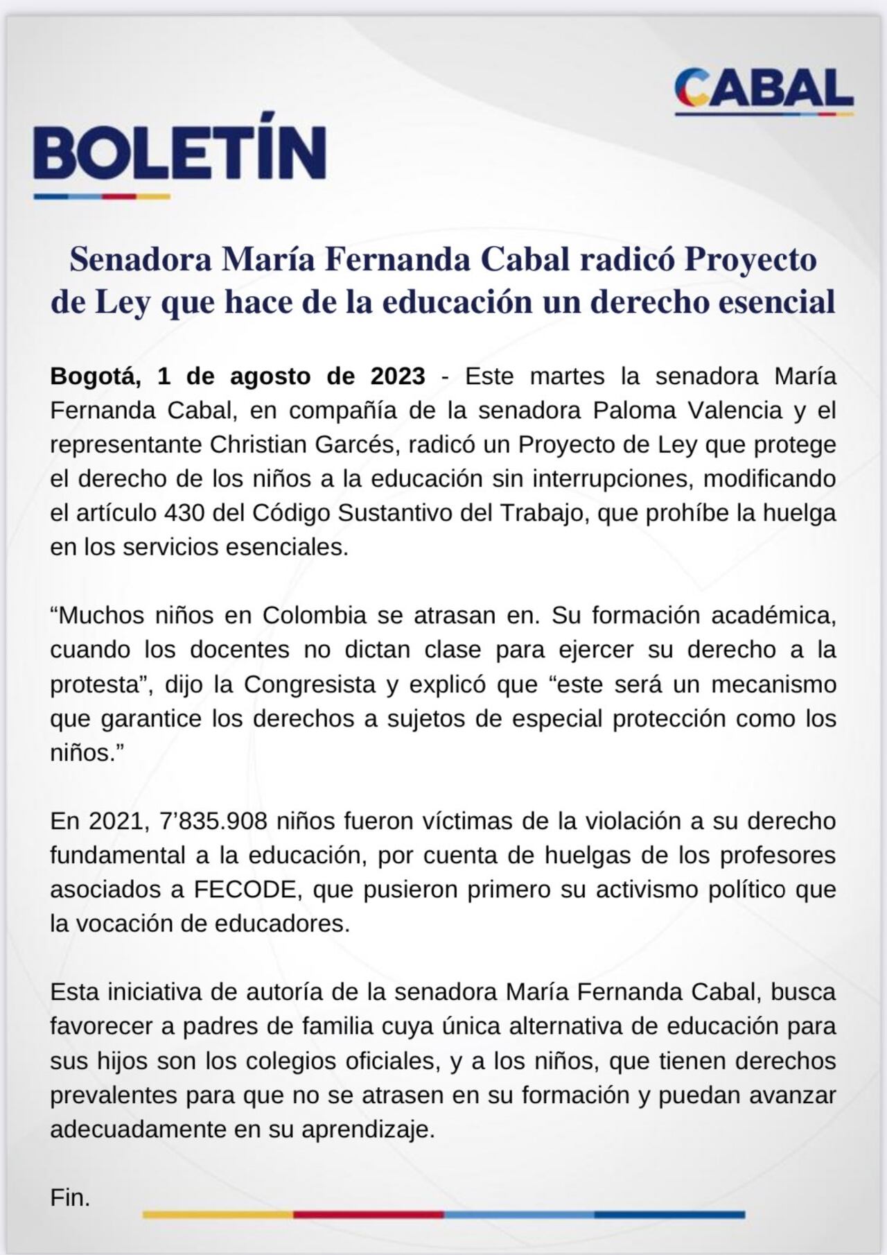 María Fernanda Cabal espera que se frenen los paros de los profesores.