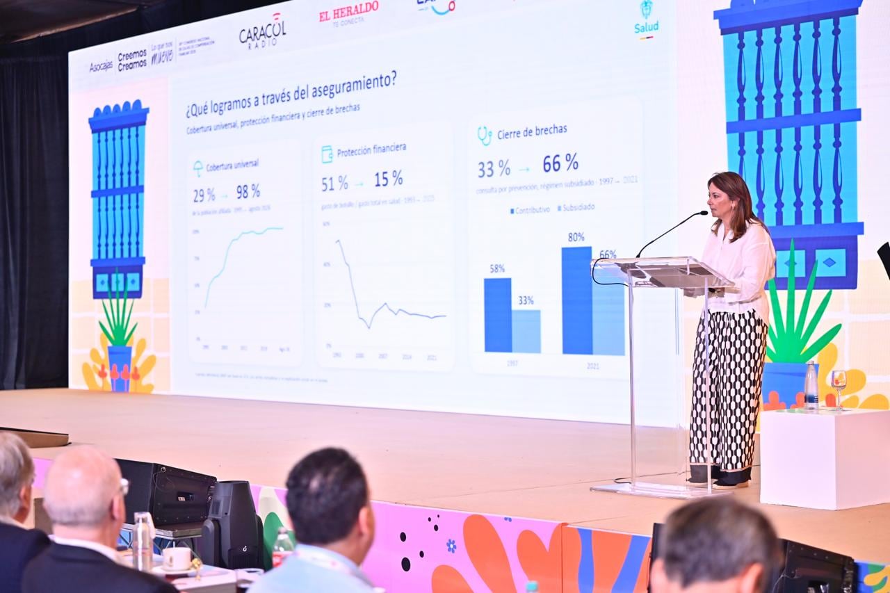 La ministra de Salud, Ana María Vesga, se refirió a los retos de financiación del sistema y a los recursos que el Gobierno busca recuperar para 2027 durante el 36.º Congreso Nacional de las Cajas de Compensación Familiar de Asocajas, en Cartagena.