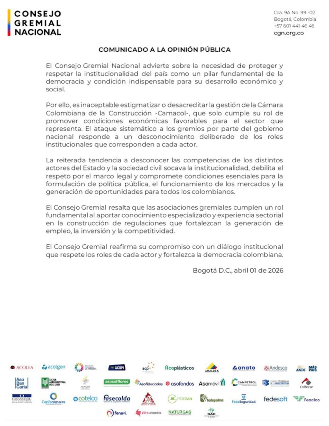 Consejo Gremial respalda a Camacol