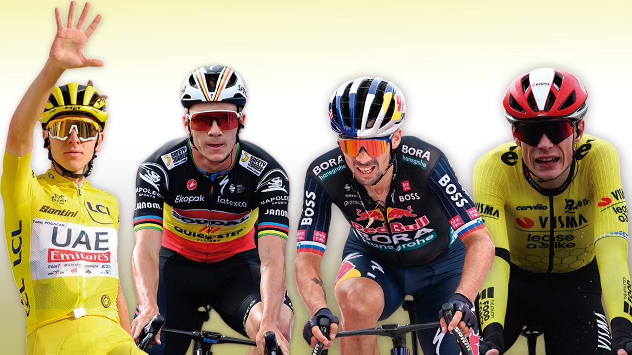 De izquierda a derecha: Tadej Pogacar, Remco Evenepoel, Primoz Roglic y Jonas Vingegaard.