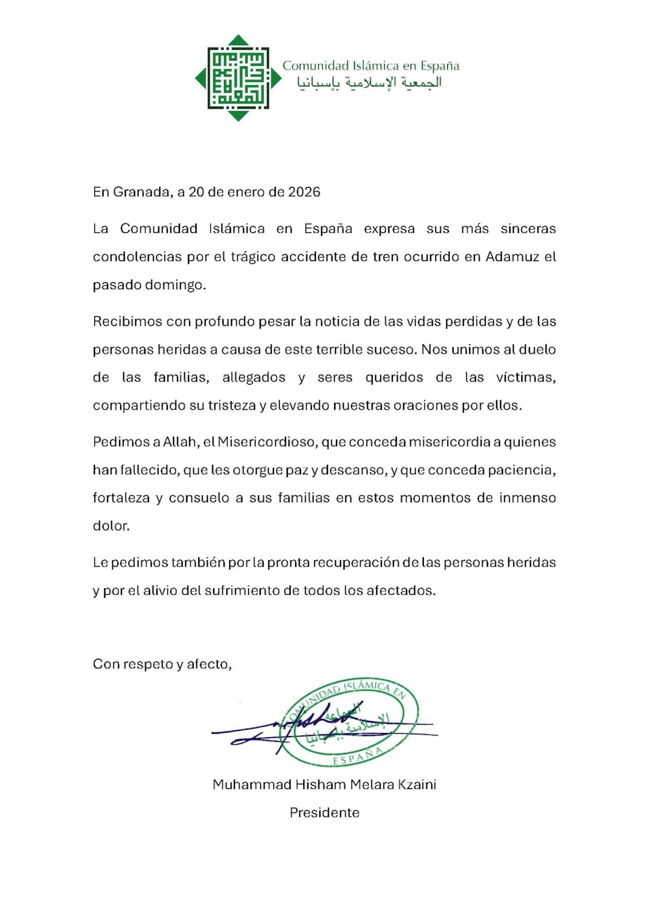 Carta de condolencias de la Comunidad Islamica en España tras el accidente ferroviario en Adamuz.