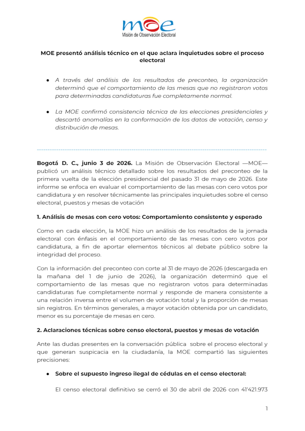 MOE presentó análisis técnico en el que aclara inquietudes sobre el proceso electoral