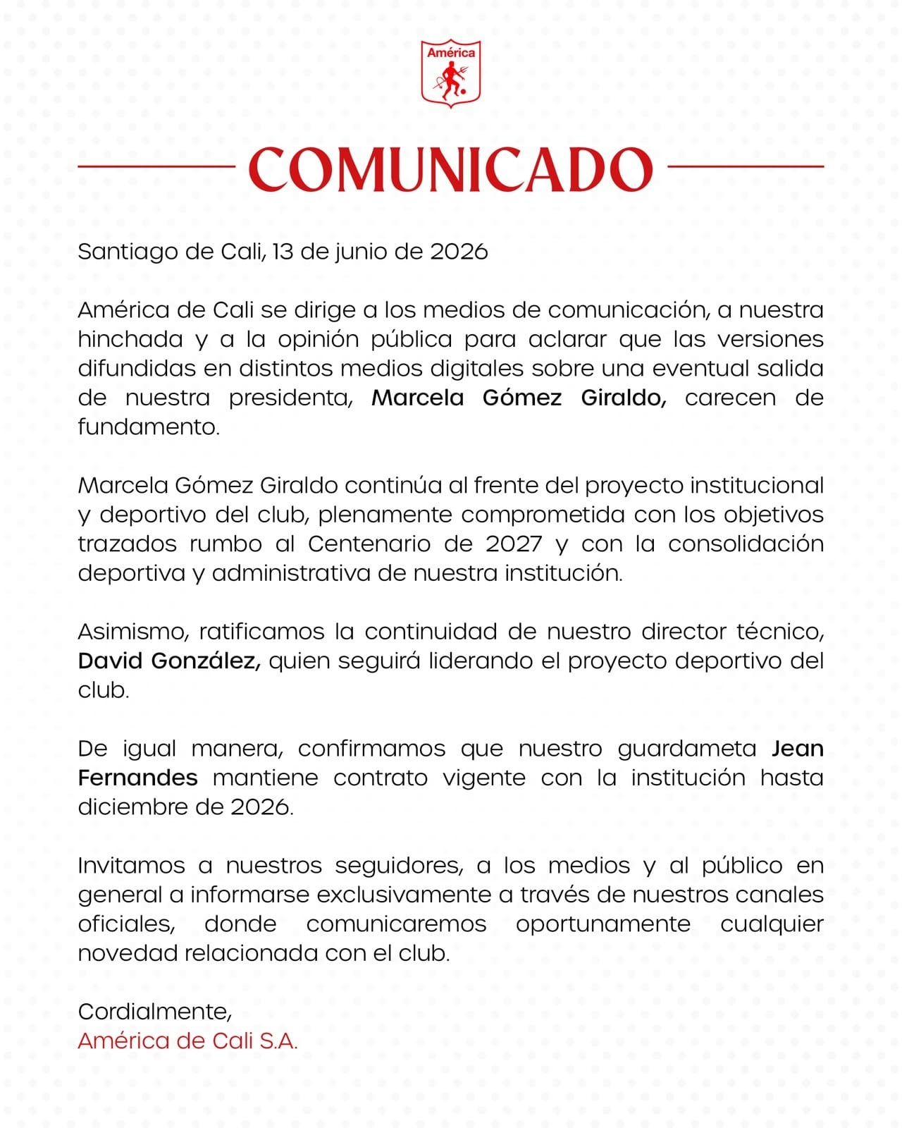 Este fue el comunicado compartido por el América de Cali.