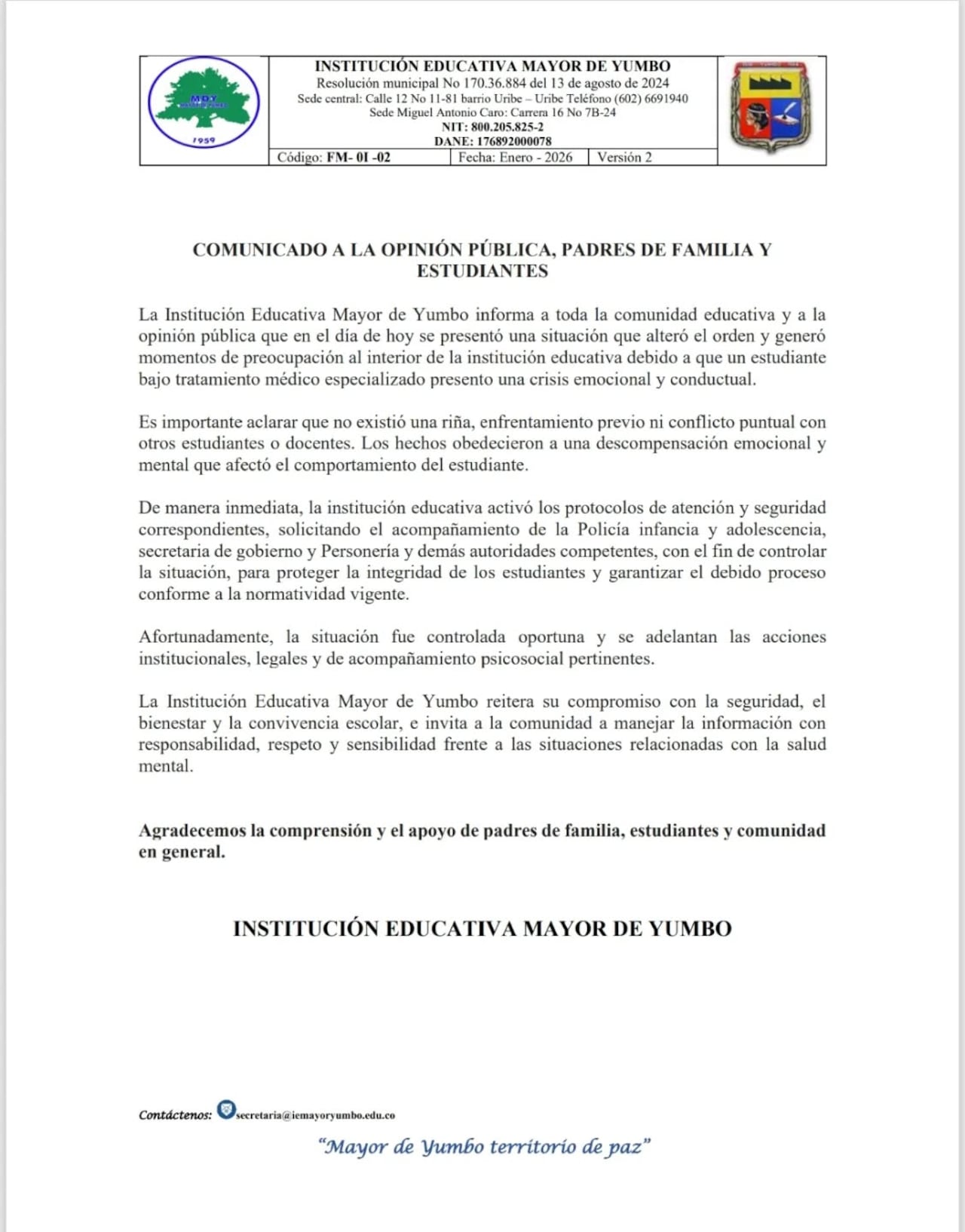 El Colegio Mayor de Yumbo aclaró el incidente que se registró en la institución.
