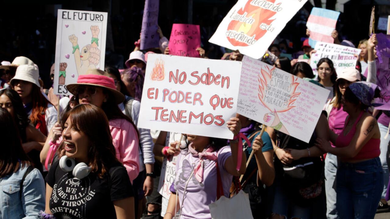 March 8, 2024, Mexico City, Mexico: Women during the International Women's Day demonstration to protest against femicide, as hundreds of women join protests around the world to commemorate International Women's Day. (Photo by Luis Barron / Eyepix Group). (Photo credit should read Luis Barron / Eyepix Group/Future Publishing via Getty Images)