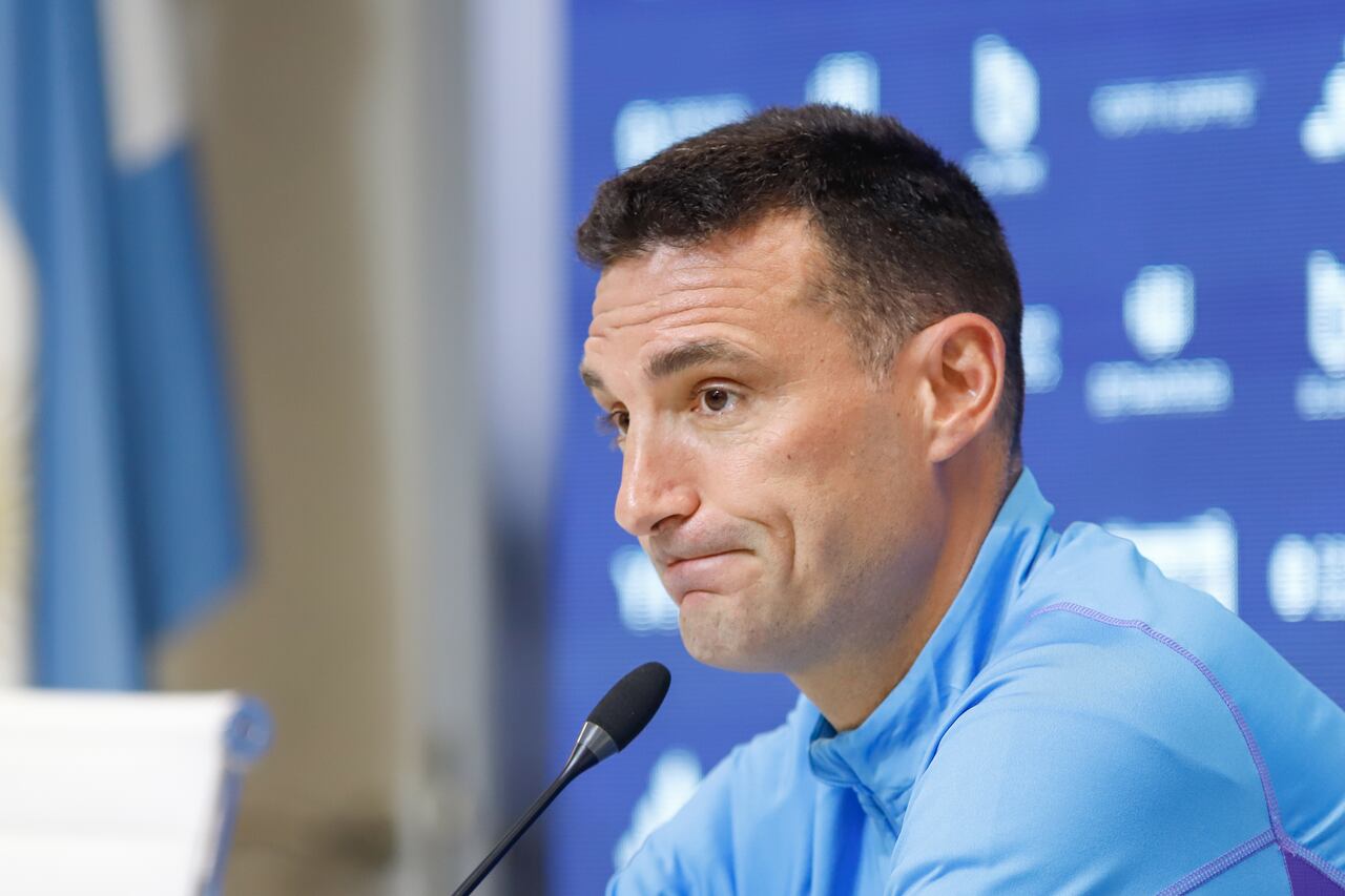 Argentina's coach Lionel Scaloni participates in a press conference on September 10 in Ezeiza, Argentina. (Photo by Daiana Panza/NurPhoto via Getty Images)