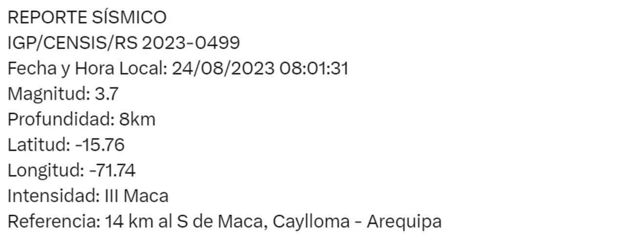 Este fue el reporte oficial del temblor en Arequipa que se presentó este 24 de agosto.