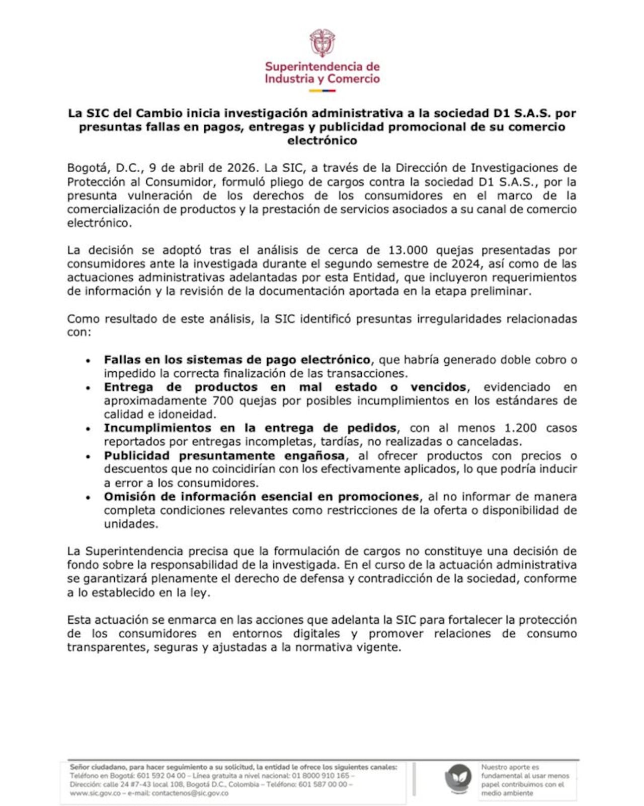 SIC formuló cargos contra D1 por presuntas fallas en pagos, entregas y publicidad.