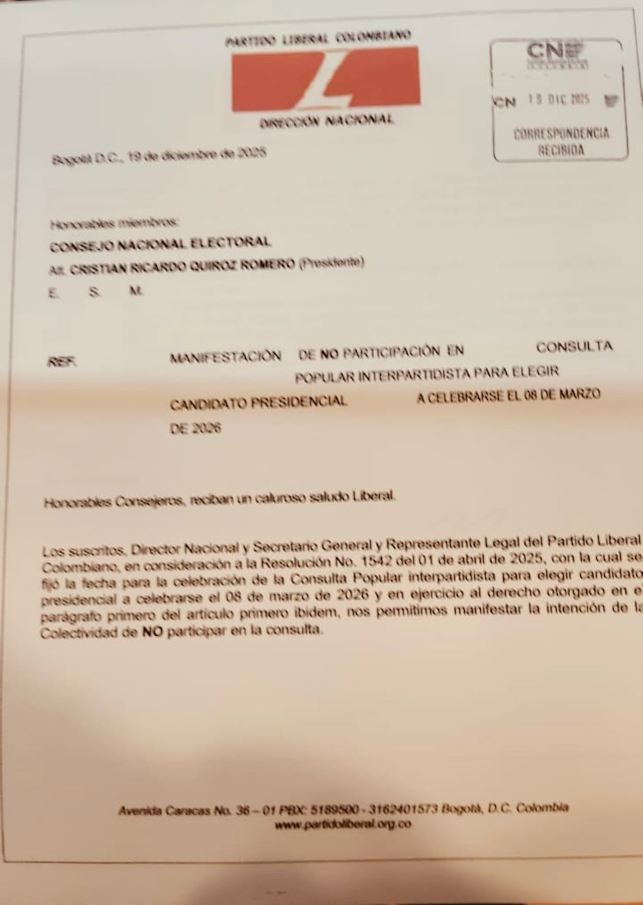 Partido Liberal no irá a una consulta.