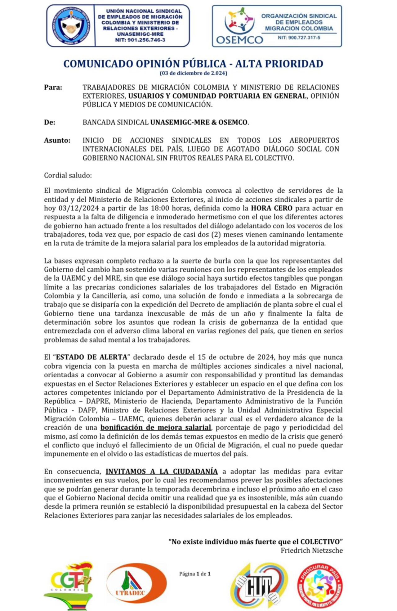 Comunicado de sindicatos de Migración Colombia sobre la huelga que empezarán este martes, 3 de diciembre.