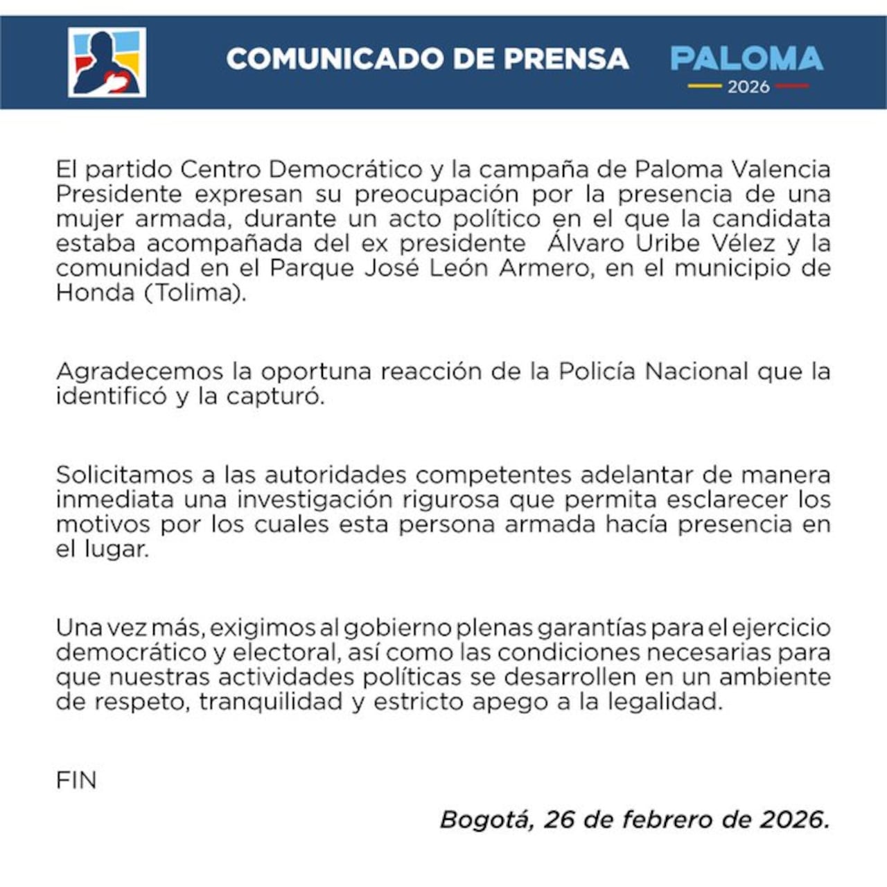 El partido Centro Democrático y la campaña de Paloma Valencia expresan su preocupación por la presencia de una mujer armada durante un acto político.