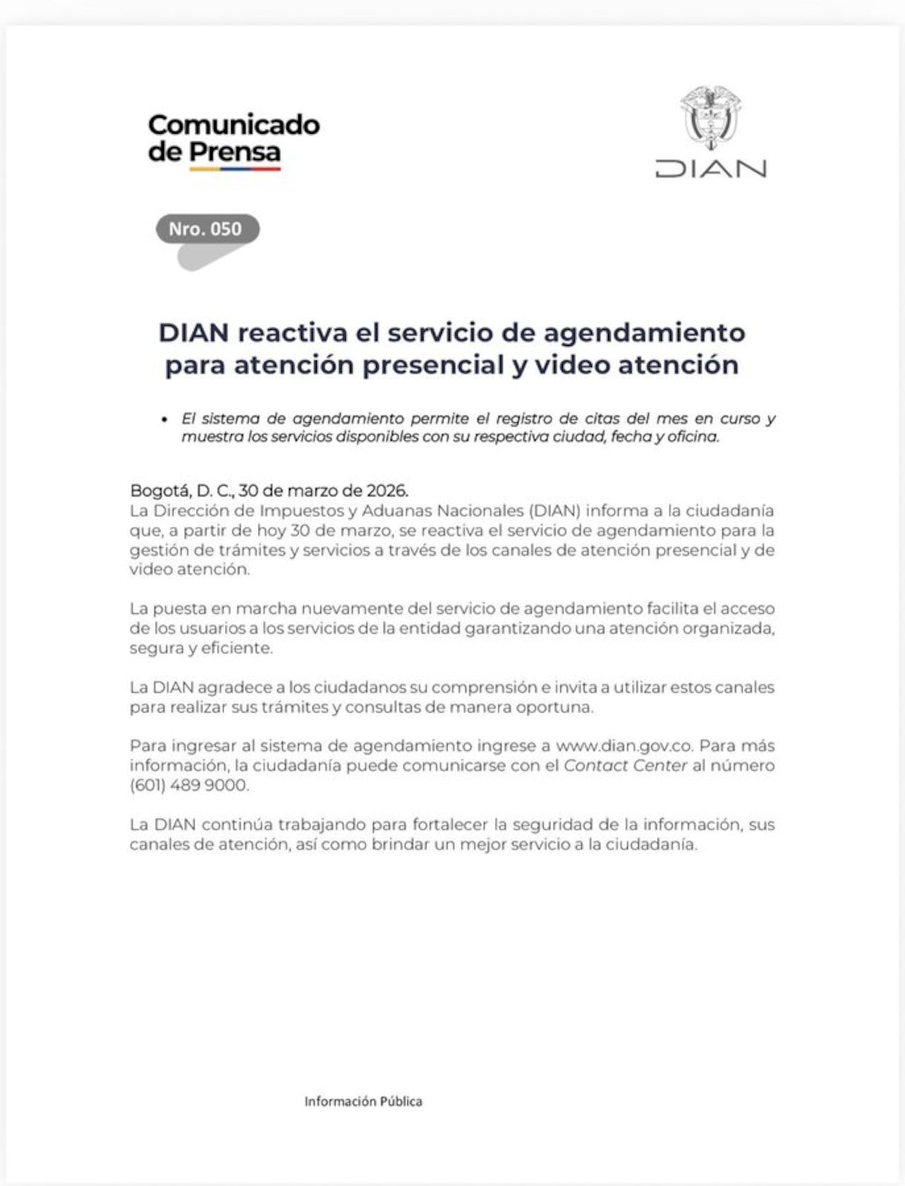 DIAN reactiva el agendamiento para atención presencial y virtual.