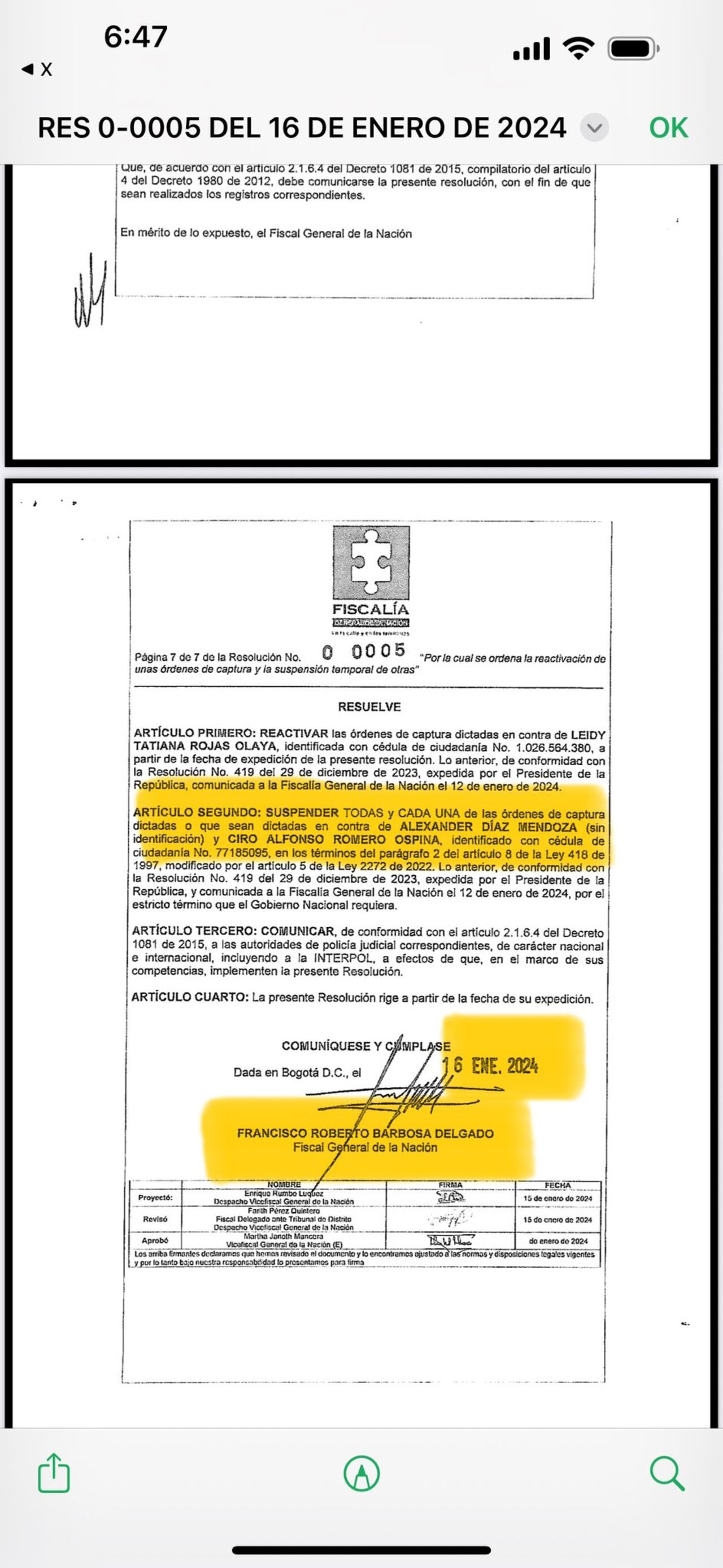 Esta sería la resolución de la Fiscalía, firmada por Francisco Barbosa, en la que presuntamente se ordenaba levantar las órdenes de captura contra alias Calarcá.