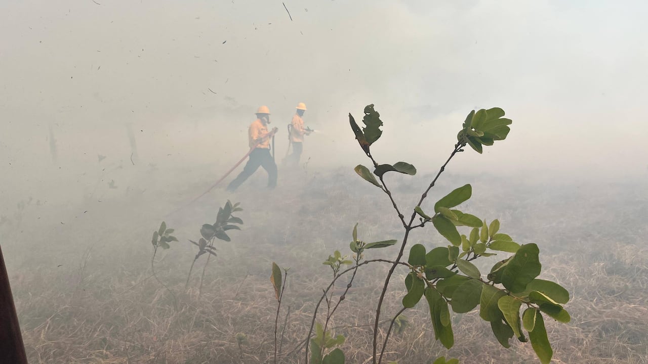 Cuatro unidades del Cuerpo de Bomberos Voluntarios de Yopal atienden un incendio forestal registrado en el sector de Villa David.