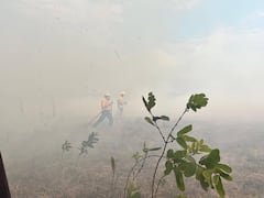 Cuatro unidades del Cuerpo de Bomberos Voluntarios de Yopal atienden un incendio forestal registrado en el sector de Villa David.