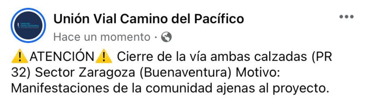 Cierre de la vía Buenaventura en el sector de Zaragoza, Valle.