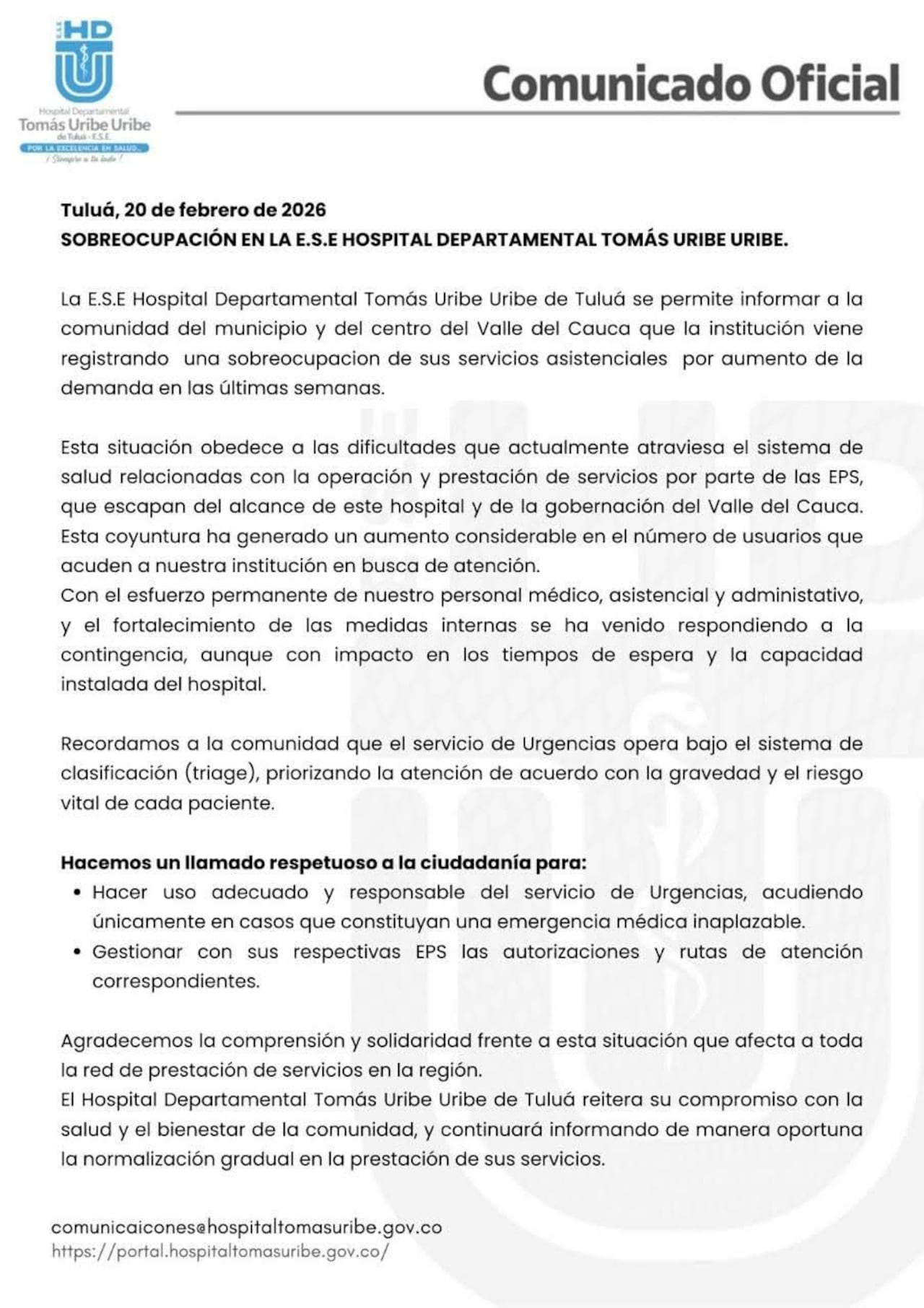 Se reporta una sobreocupación del Hospital Tomás Uribe Uribe, en el municipio de Tuluá.