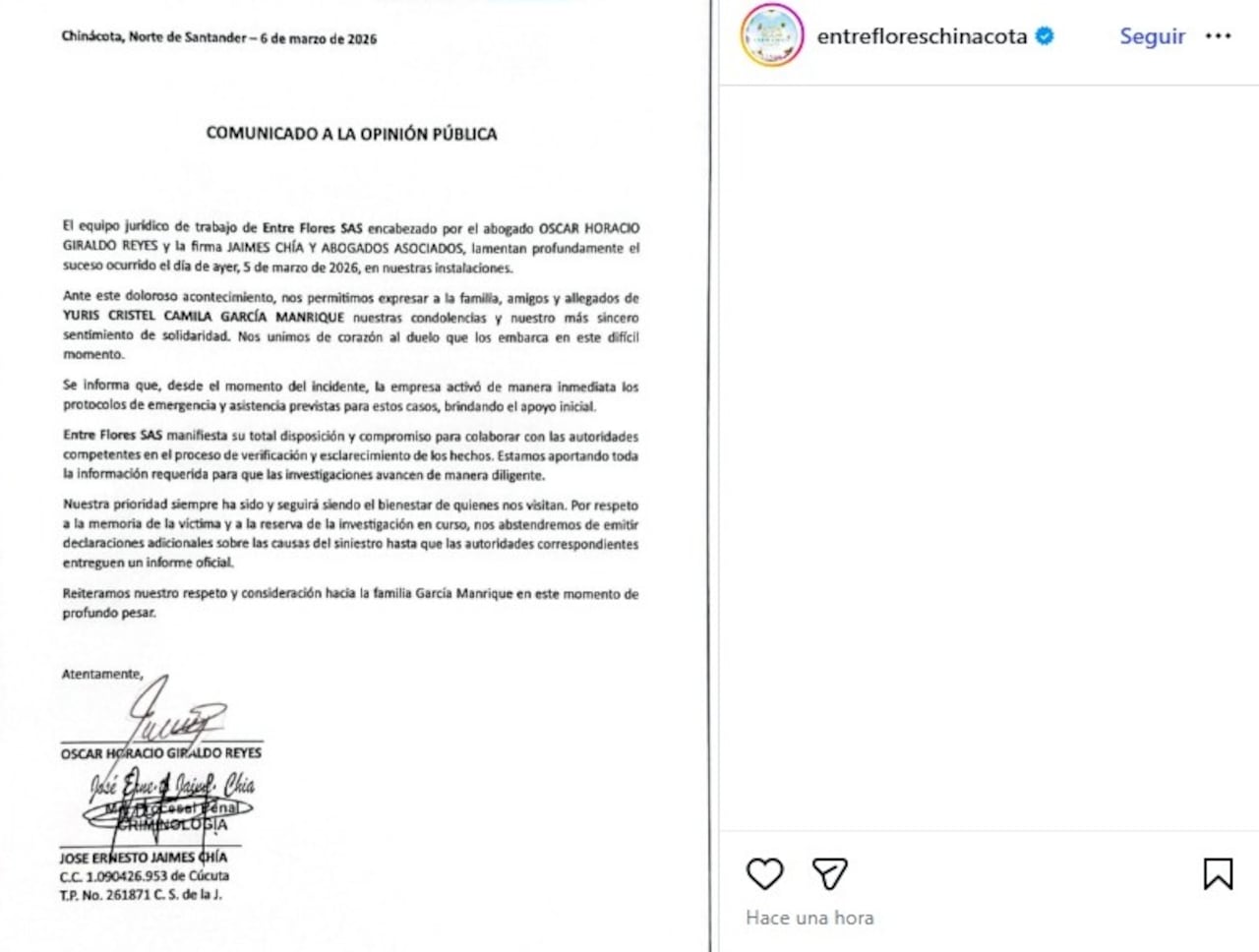 Establecimiento turístico se pronuncia ante accidente de Yuris Cristel Camila García Manrique, de 28 años.