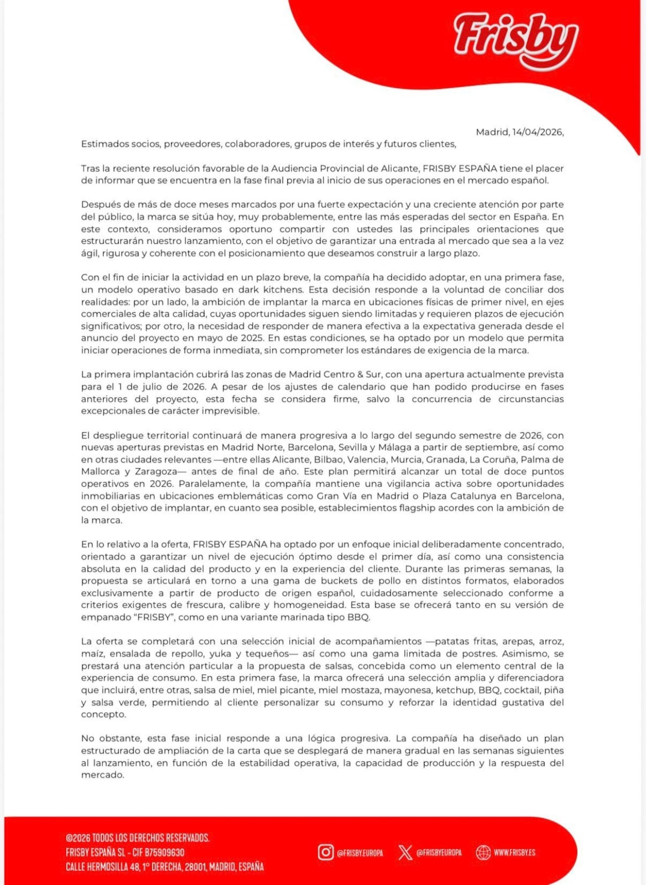 Frisby España anuncia que su primera apertura será el 1 de julio de 2026 en Madrid.