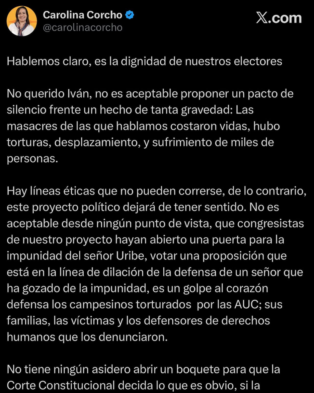 Trino eliminado de la senadora Carolina Corcho