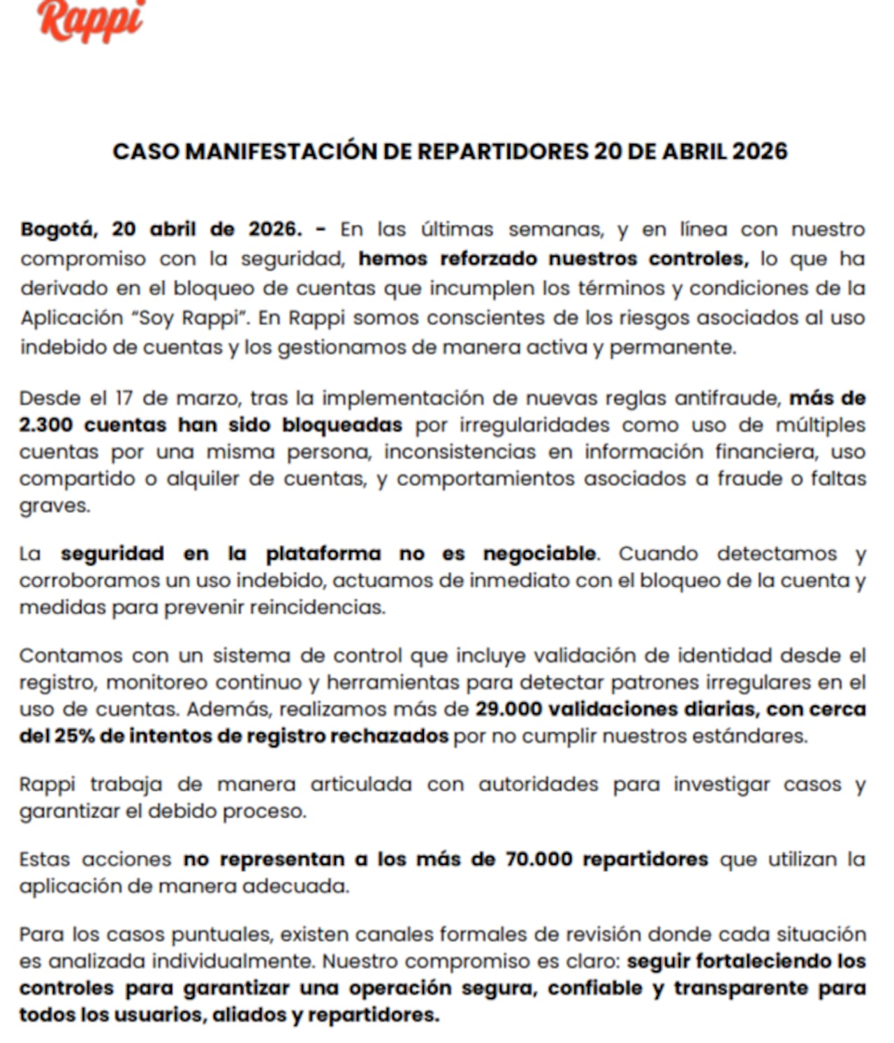 Comunicado de Rappi 20 de abril