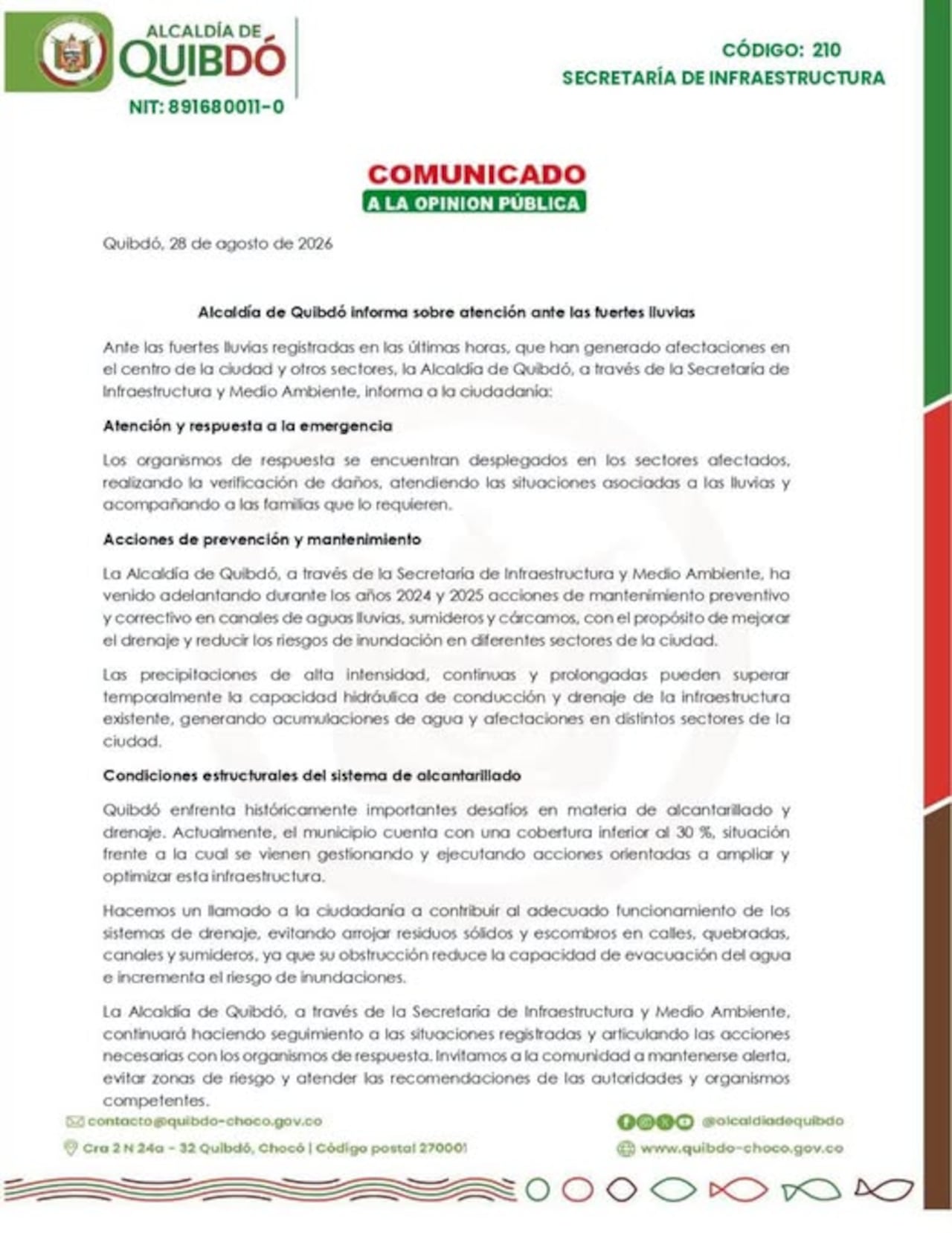 Alcaldía de Quibdó se pronunció ante emergencias por lluvias.